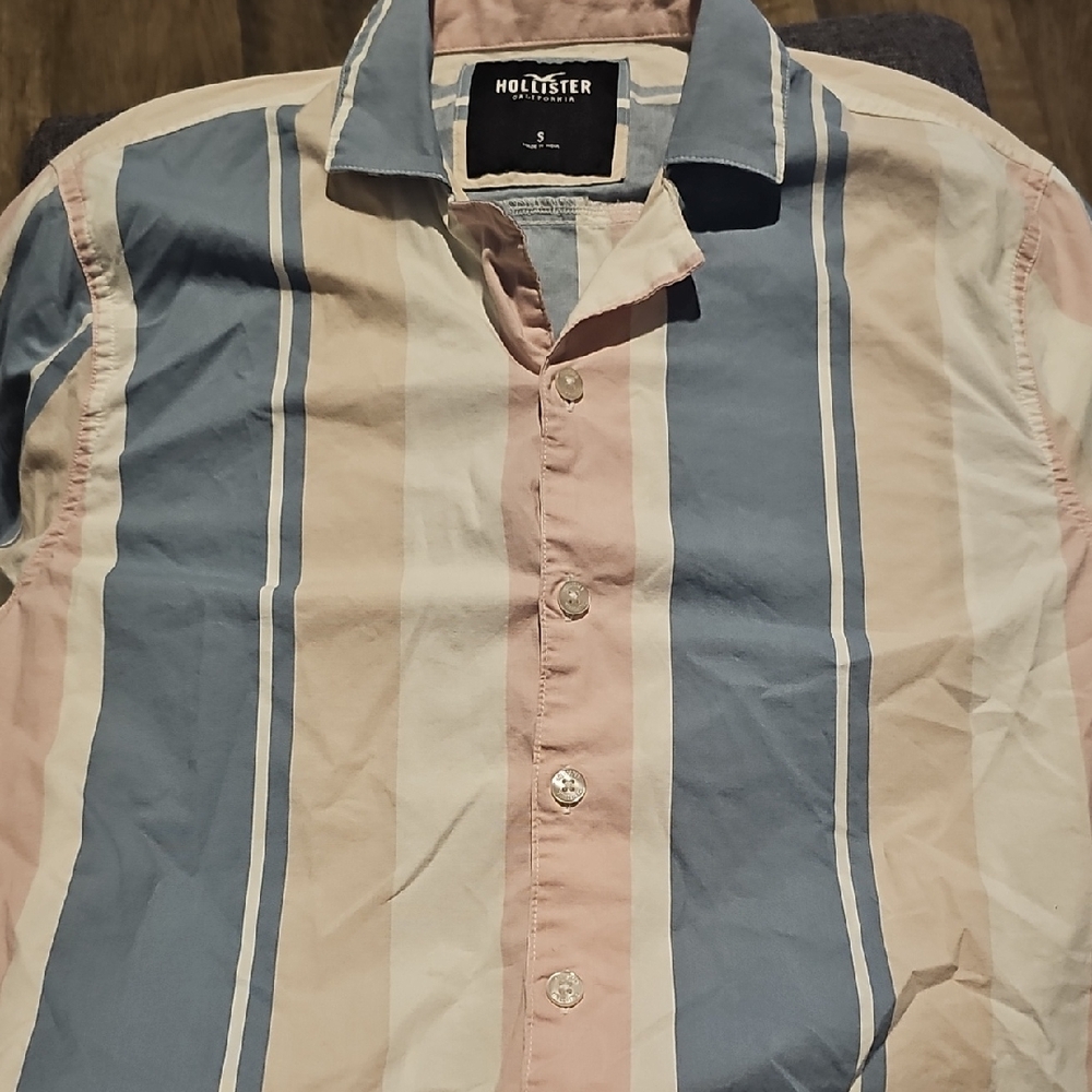 Hollister Shirt Men's Casual Striped Blue Pink White Tan Small Short Sleeve